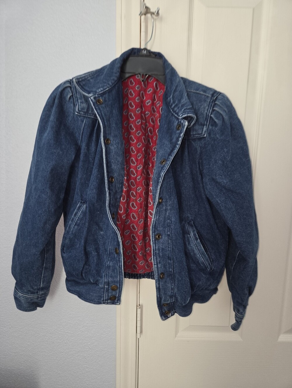 Vintage 80s Denim Puff Sleeve Jacket Cropped Cinched Waist Insulated Size M